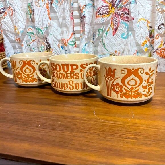Set of 3 Vintage Stoneware Soup Mugs - Picture 2 of 3